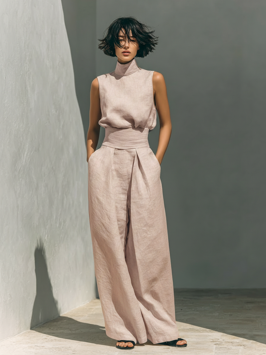 Maria - Conjunto de camiseta sin mangas y pantalones anchos en algodón y lino minimalista para mujer