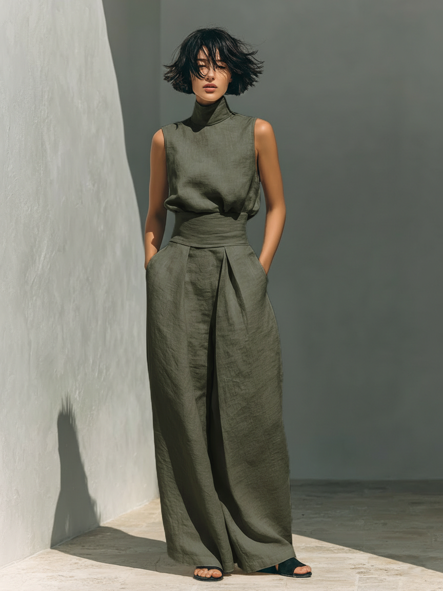 Maria - Conjunto de camiseta sin mangas y pantalones anchos en algodón y lino minimalista para mujer