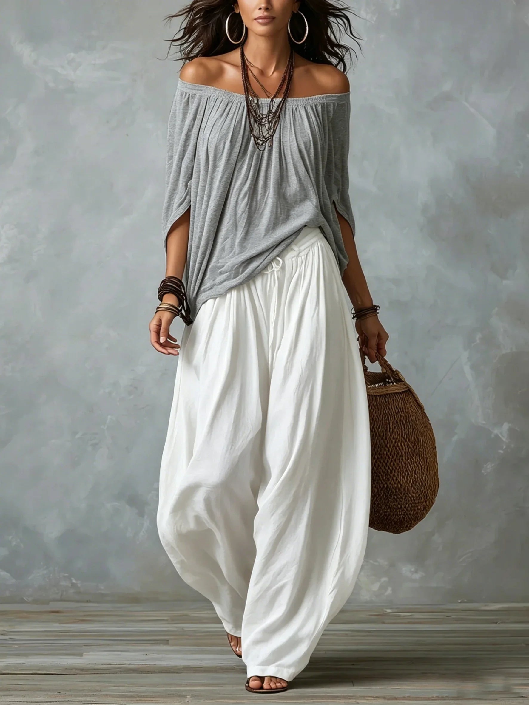 Conjunto Top Off-Shoulder y Pantalones Linterna