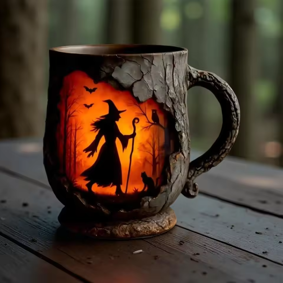 Taza 3D hecha a mano para Halloween: diseño de bruja y gato