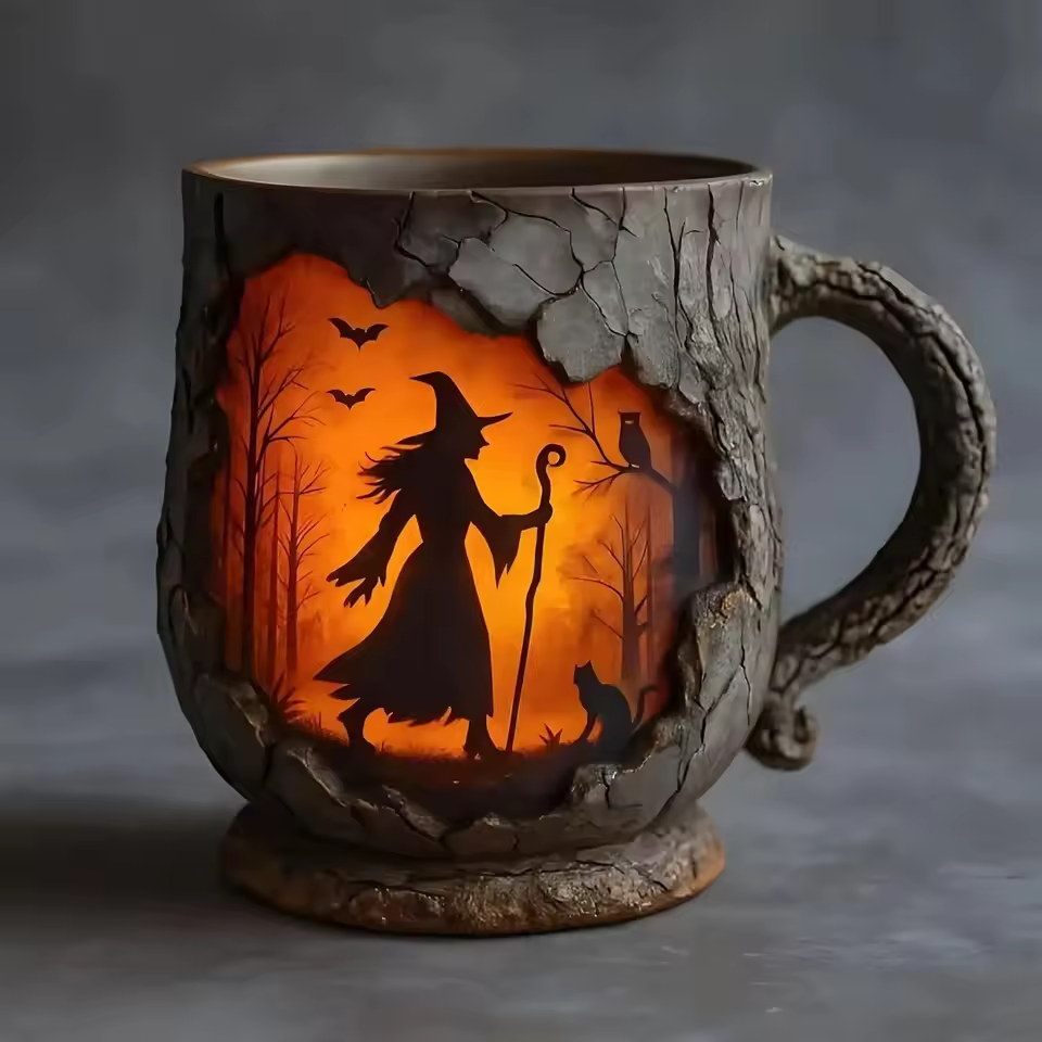 Taza 3D hecha a mano para Halloween: diseño de bruja y gato