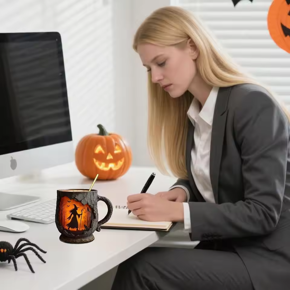 Taza 3D hecha a mano para Halloween: diseño de bruja y gato