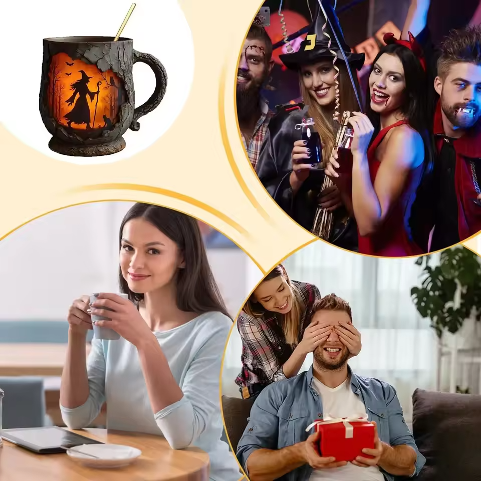Taza 3D hecha a mano para Halloween: diseño de bruja y gato