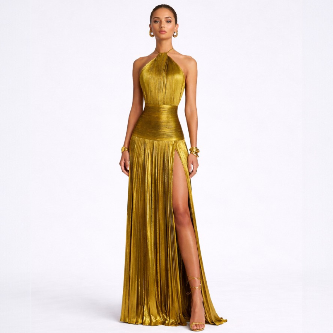 Emma | Vestido halter metálico con espalda descubierta