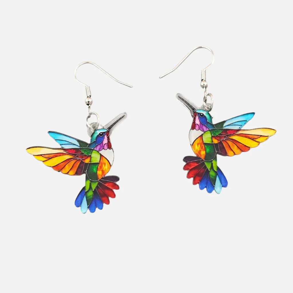 Pendientes colibrí de acrílico con diseño brillante en 2D