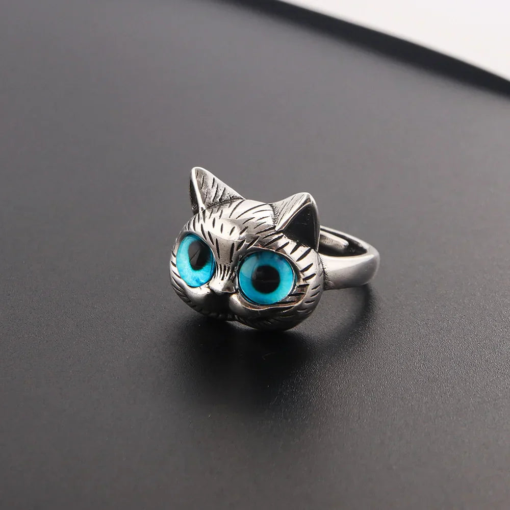 Anillo con gato de ojos azules – Anillo vintage divertido en plata con animal para los amantes de los gatos