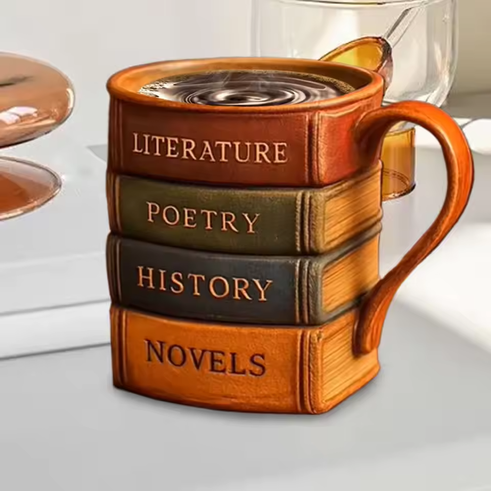 Taza de café hecho a mano de una biblioteca