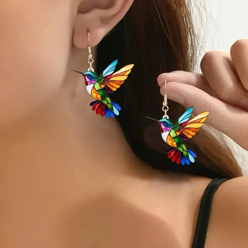Pendientes colibrí de acrílico con diseño brillante en 2D