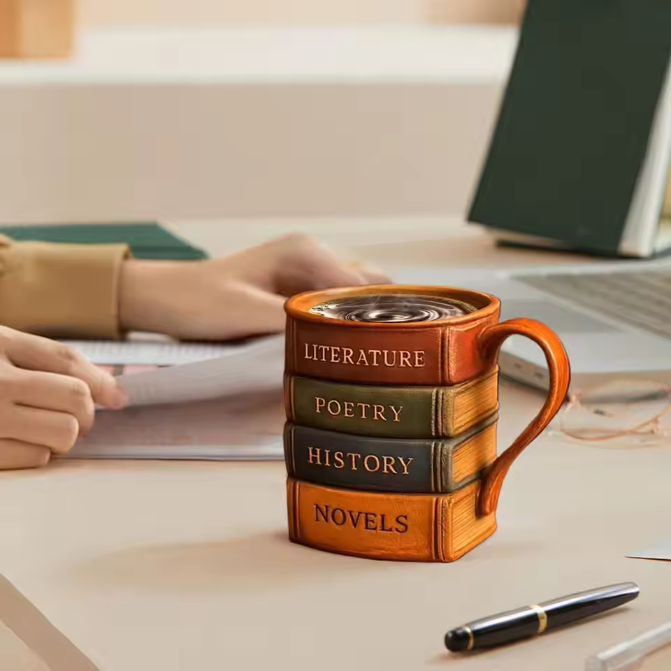 Taza de café hecho a mano de una biblioteca