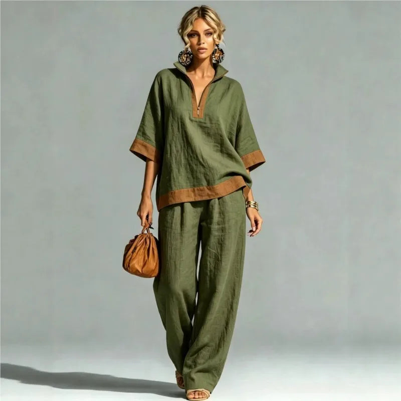 Conjunto Coordinado Vintage Efecto Lino para Mujer