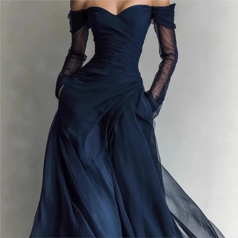 Eleonora™ | Vestido largo con hombros descubiertos y paneles de malla