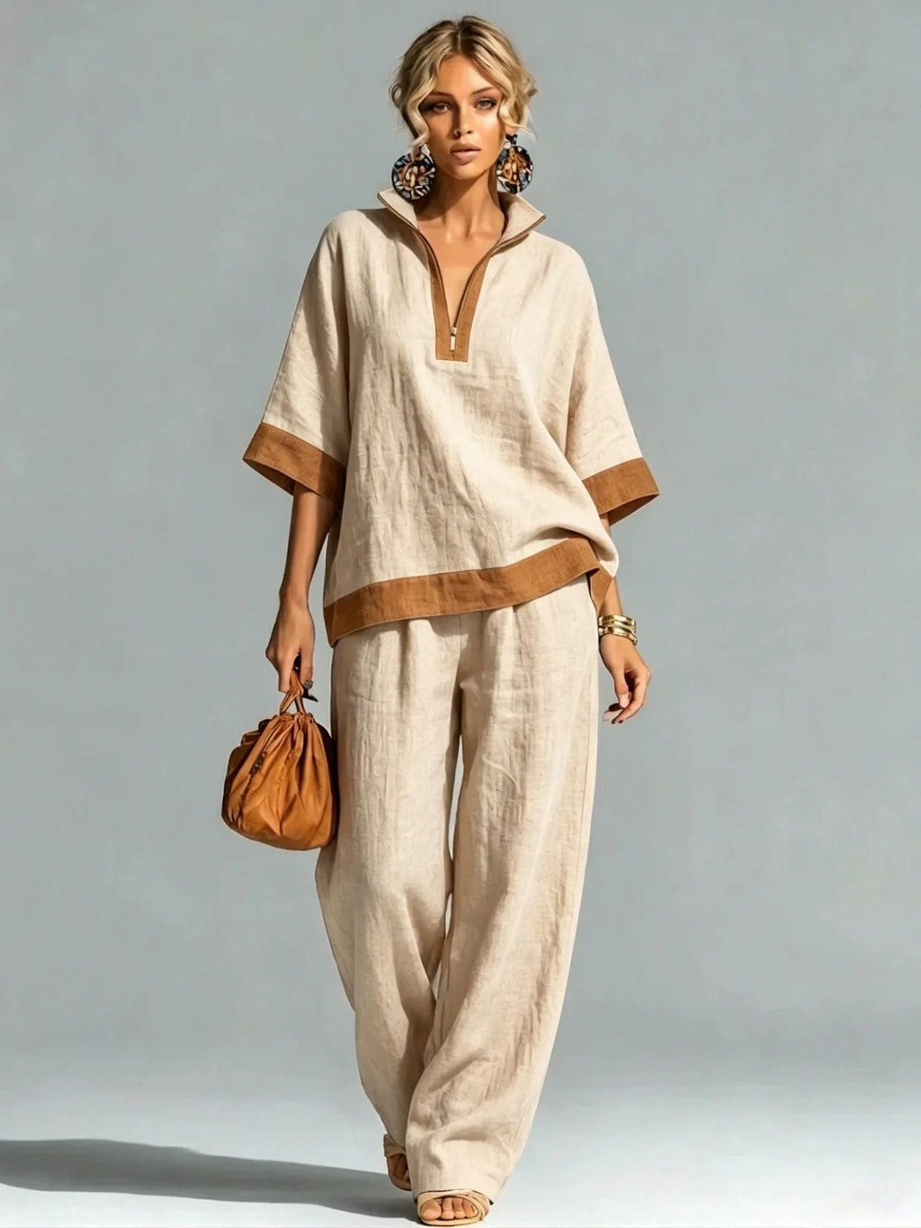 Conjunto Coordinado Vintage Efecto Lino para Mujer