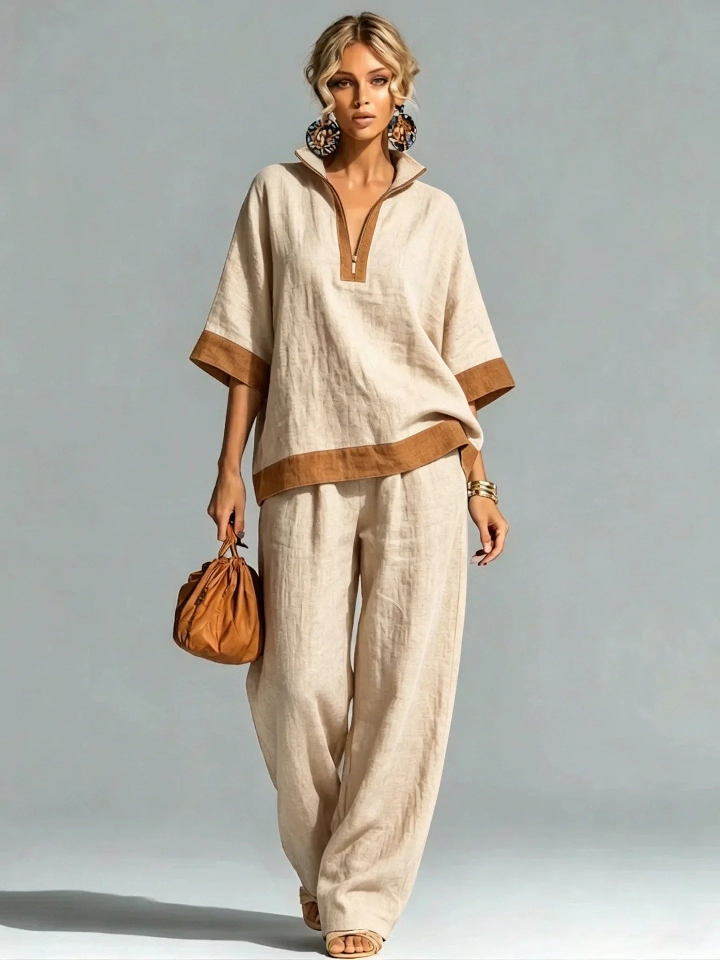 Conjunto Coordinado Vintage Efecto Lino para Mujer