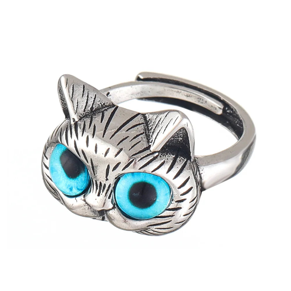 Anillo con gato de ojos azules – Anillo vintage divertido en plata con animal para los amantes de los gatos