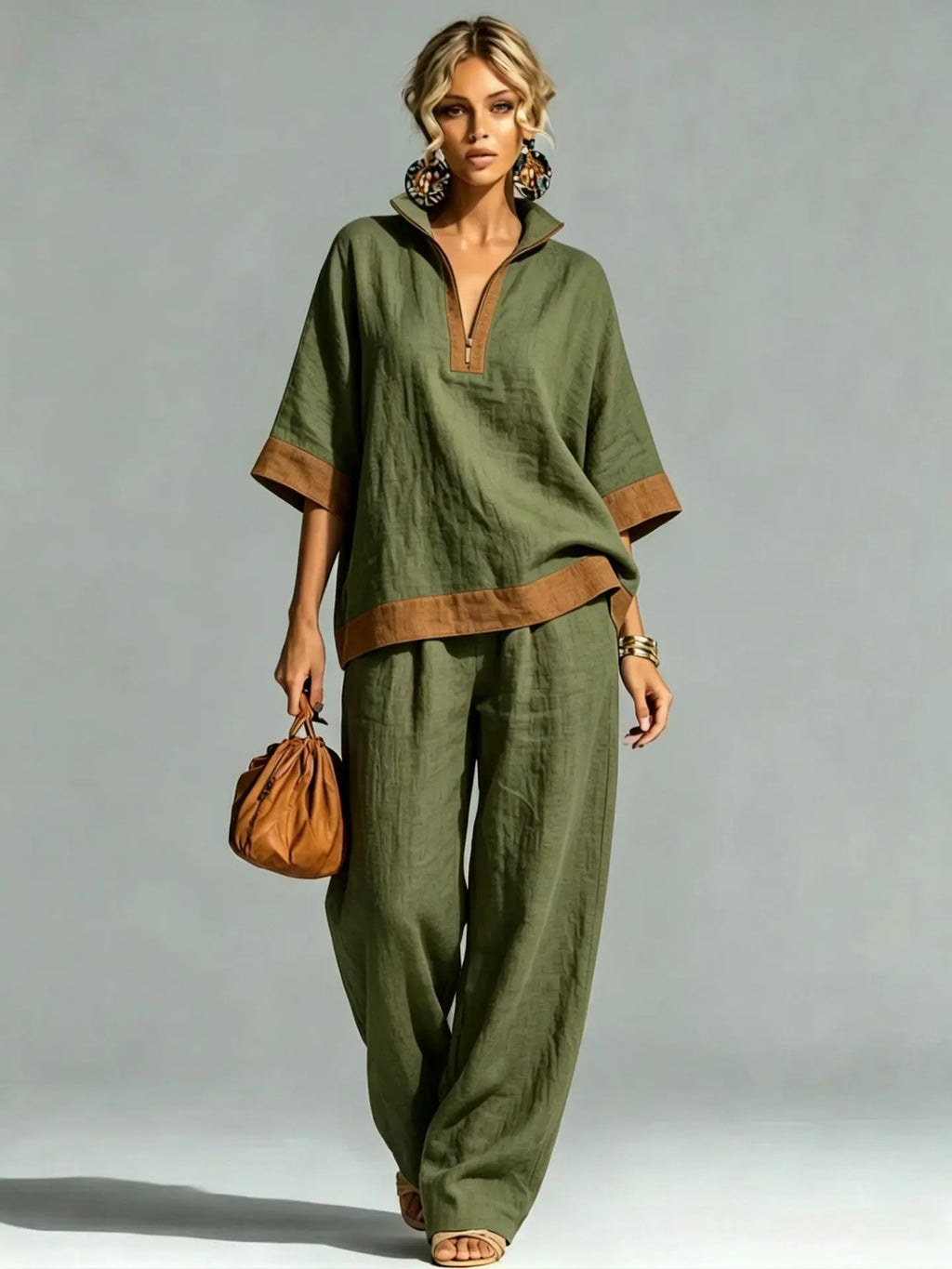 Conjunto Coordinado Vintage Efecto Lino para Mujer