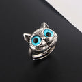 Anillo con gato de ojos azules – Anillo vintage divertido en plata con animal para los amantes de los gatos