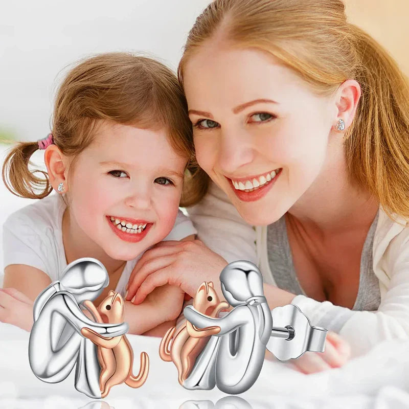 Aretes Gato Abrazo bicolor plata y oro