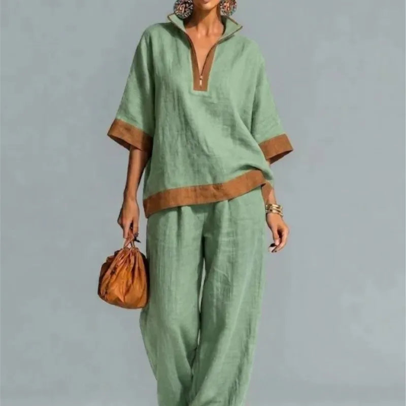 Conjunto Coordinado Vintage Efecto Lino para Mujer