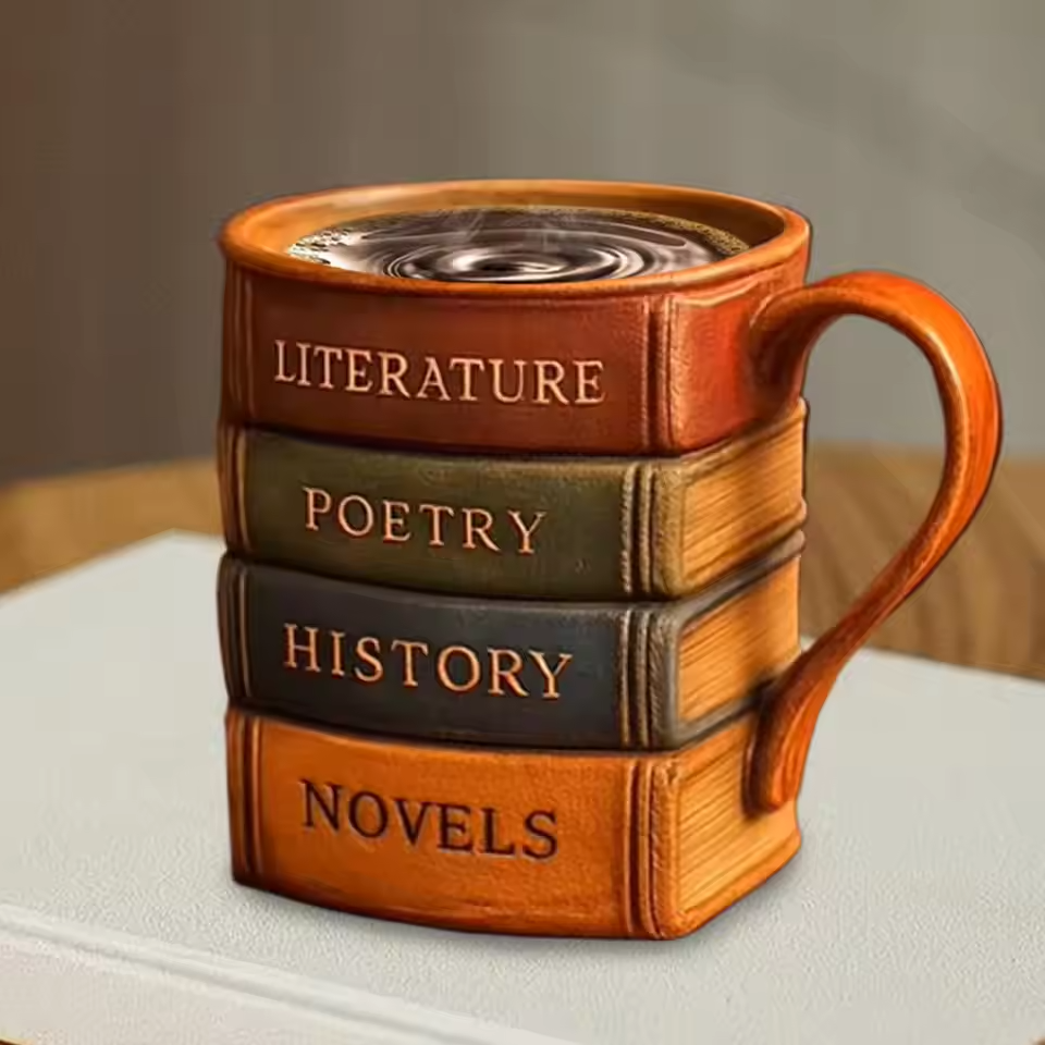Taza de café hecho a mano de una biblioteca