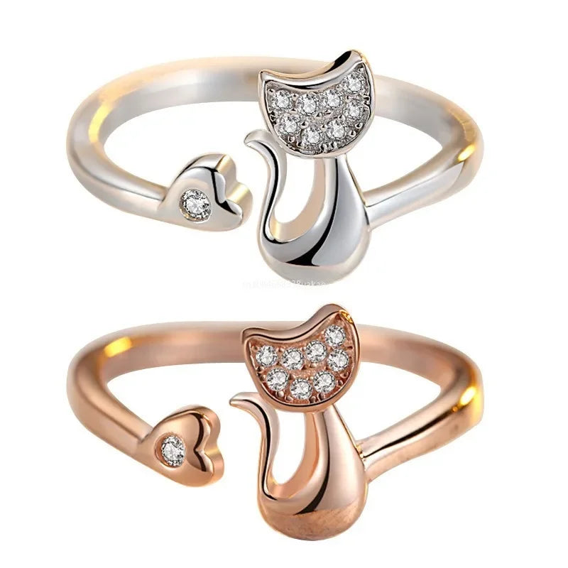 Anillo abierto con lindo gato – Zirconias