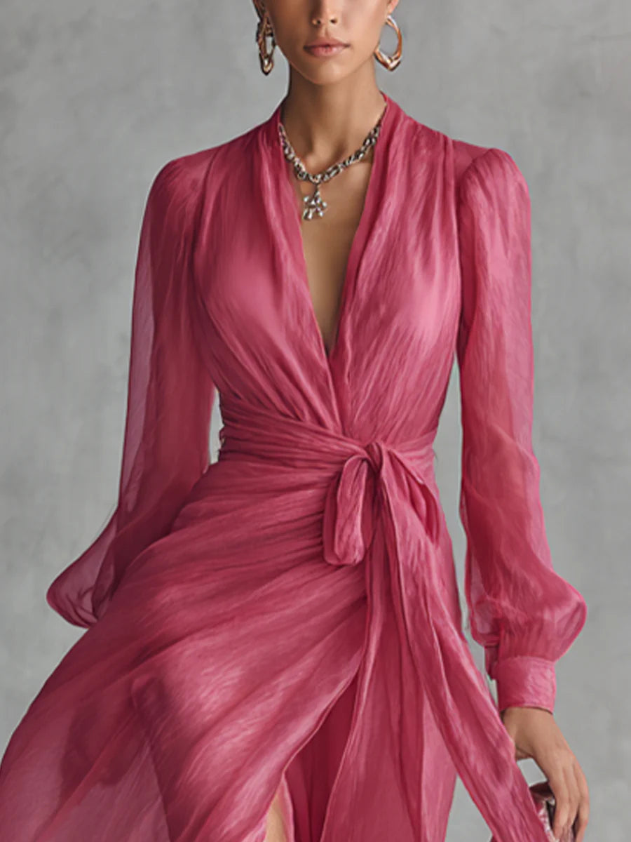 Beata | Vestido maxi elegante de chifón con escote en forma de corazón y lazo en la cintura