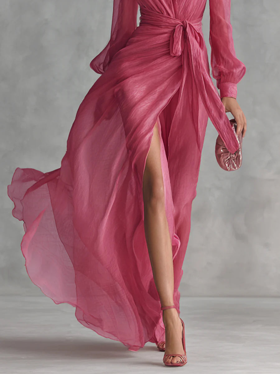 Beata | Vestido maxi elegante de chifón con escote en forma de corazón y lazo en la cintura