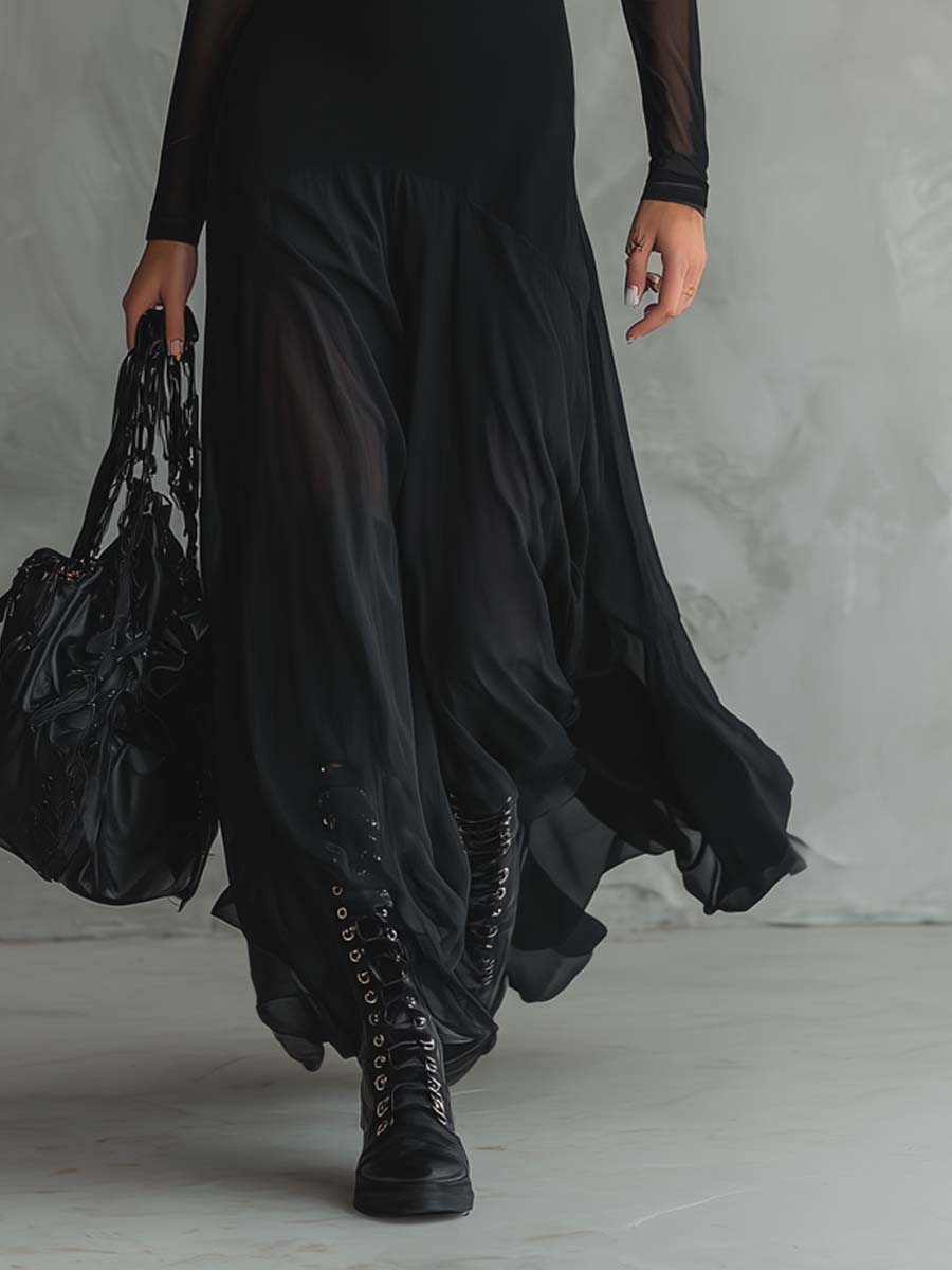 Neroa™ | Vestido maxi negro de tul con corte holgado
