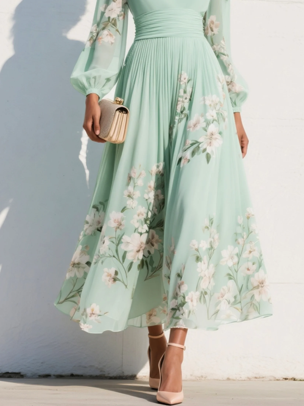 Vestido midi verde claro de chiffon con escote plisado en U