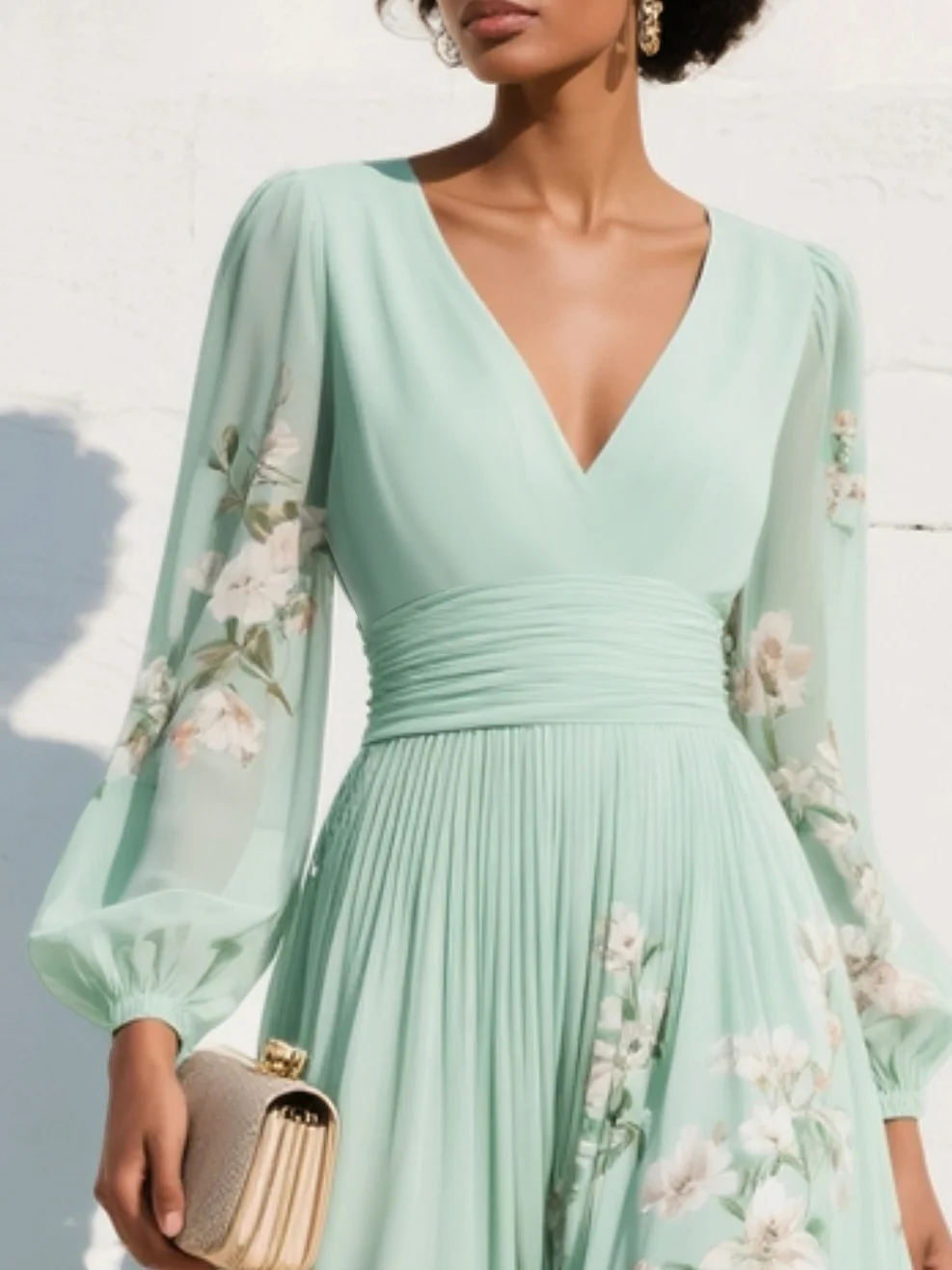 Vestido midi verde claro de chiffon con escote plisado en U