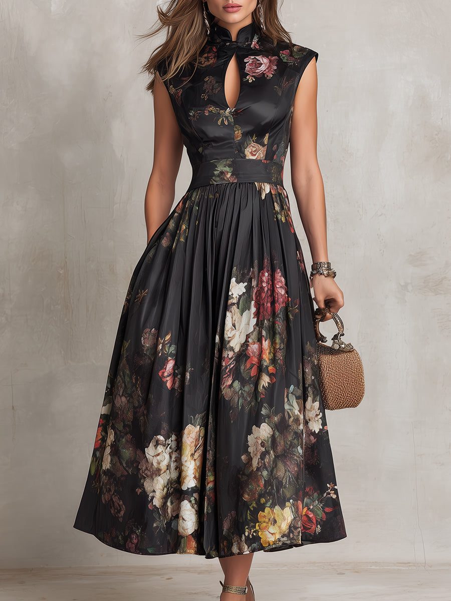 Patricia | Vestido midi de satén negro con estampado floral y plisado