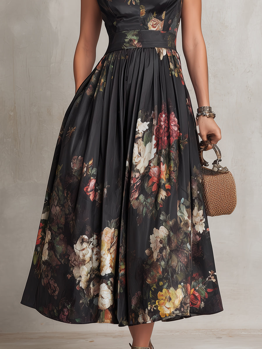Patricia | Vestido midi de satén negro con estampado floral y plisado