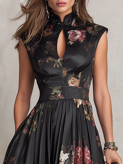 Patricia | Vestido midi de satén negro con estampado floral y plisado