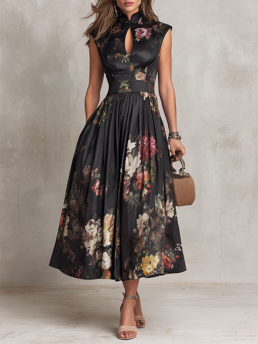 Patricia | Vestido midi de satén negro con estampado floral y plisado