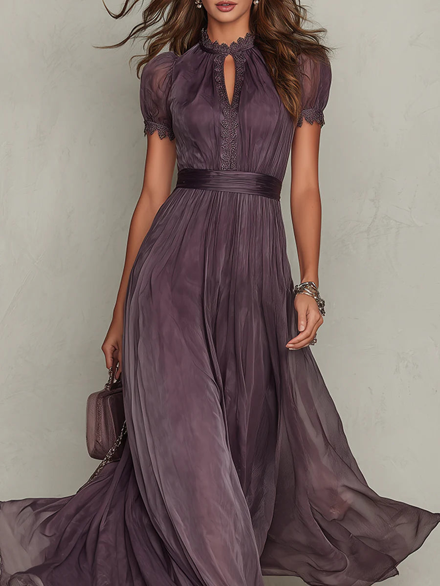 Flavia • Vestido largo morado con escote en llave, borde de encaje de chiffon