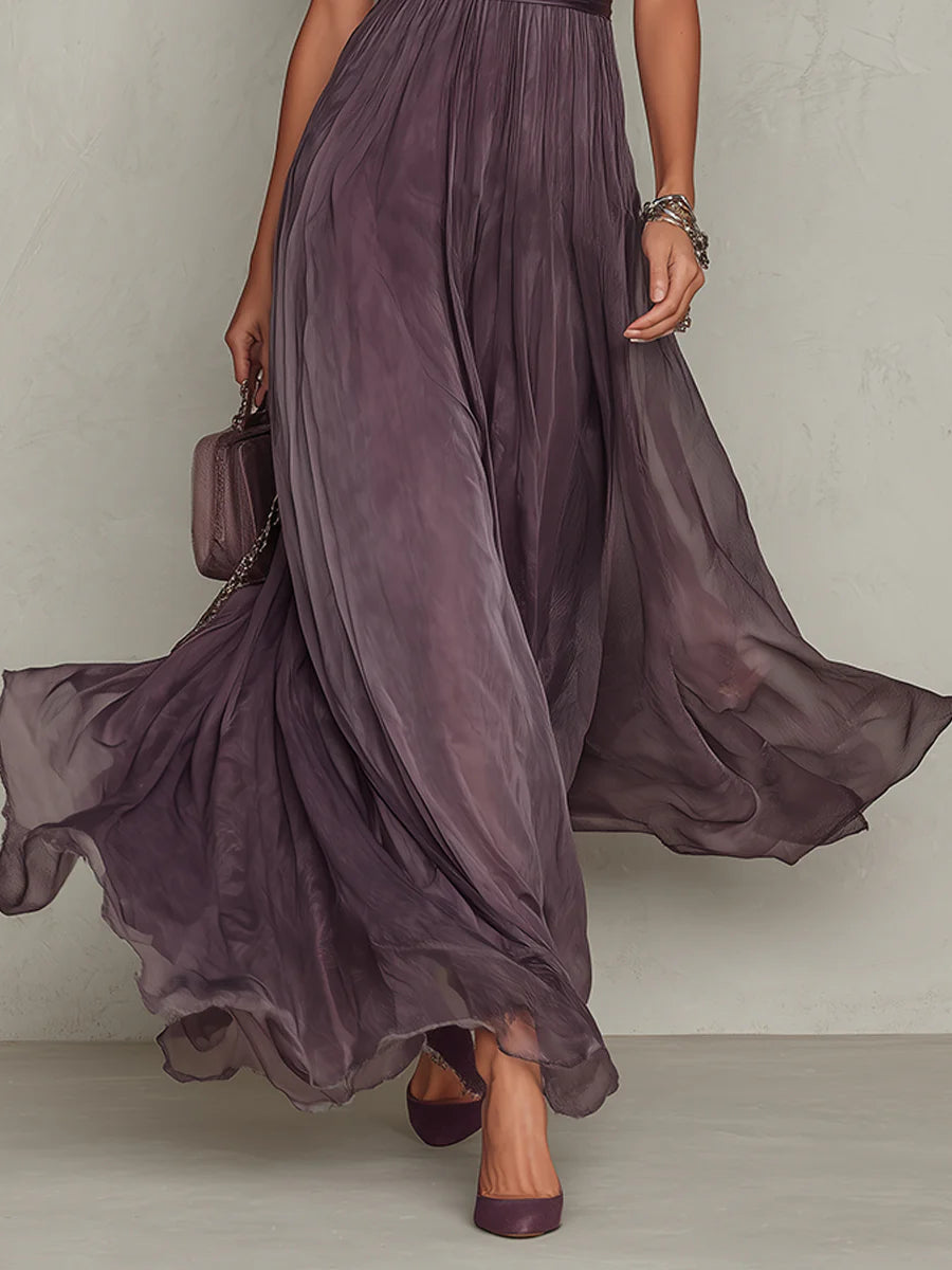 Flavia • Vestido largo morado con escote en llave, borde de encaje de chiffon