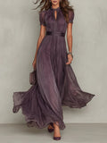 Flavia • Vestido largo morado con escote en llave, borde de encaje de chiffon