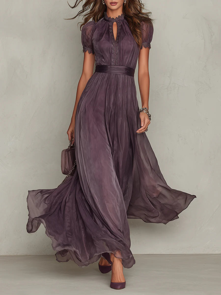 Flavia • Vestido largo morado con escote en llave, borde de encaje de chiffon