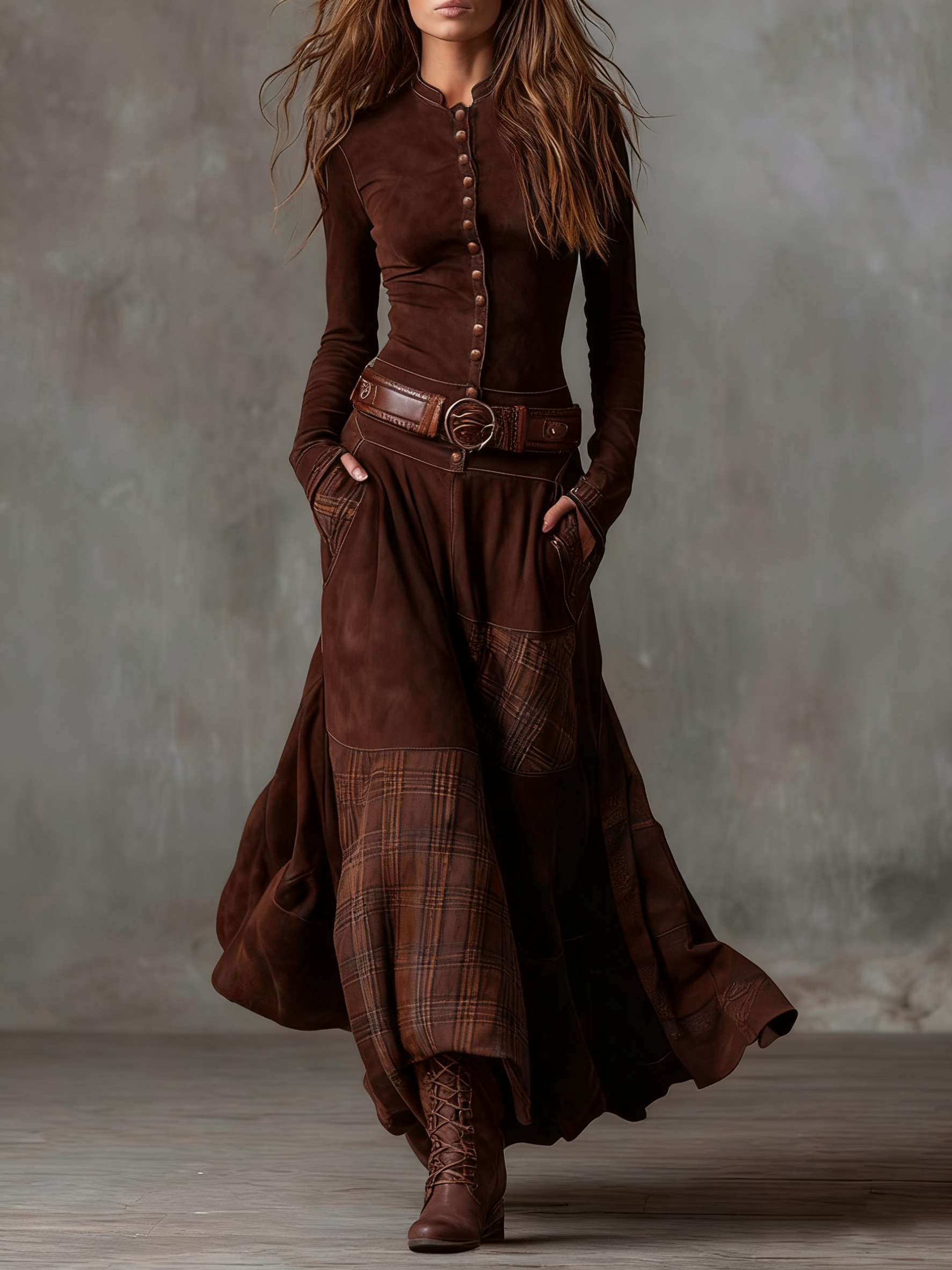 Azucena ║ Vestido maxi de ante con cinturón