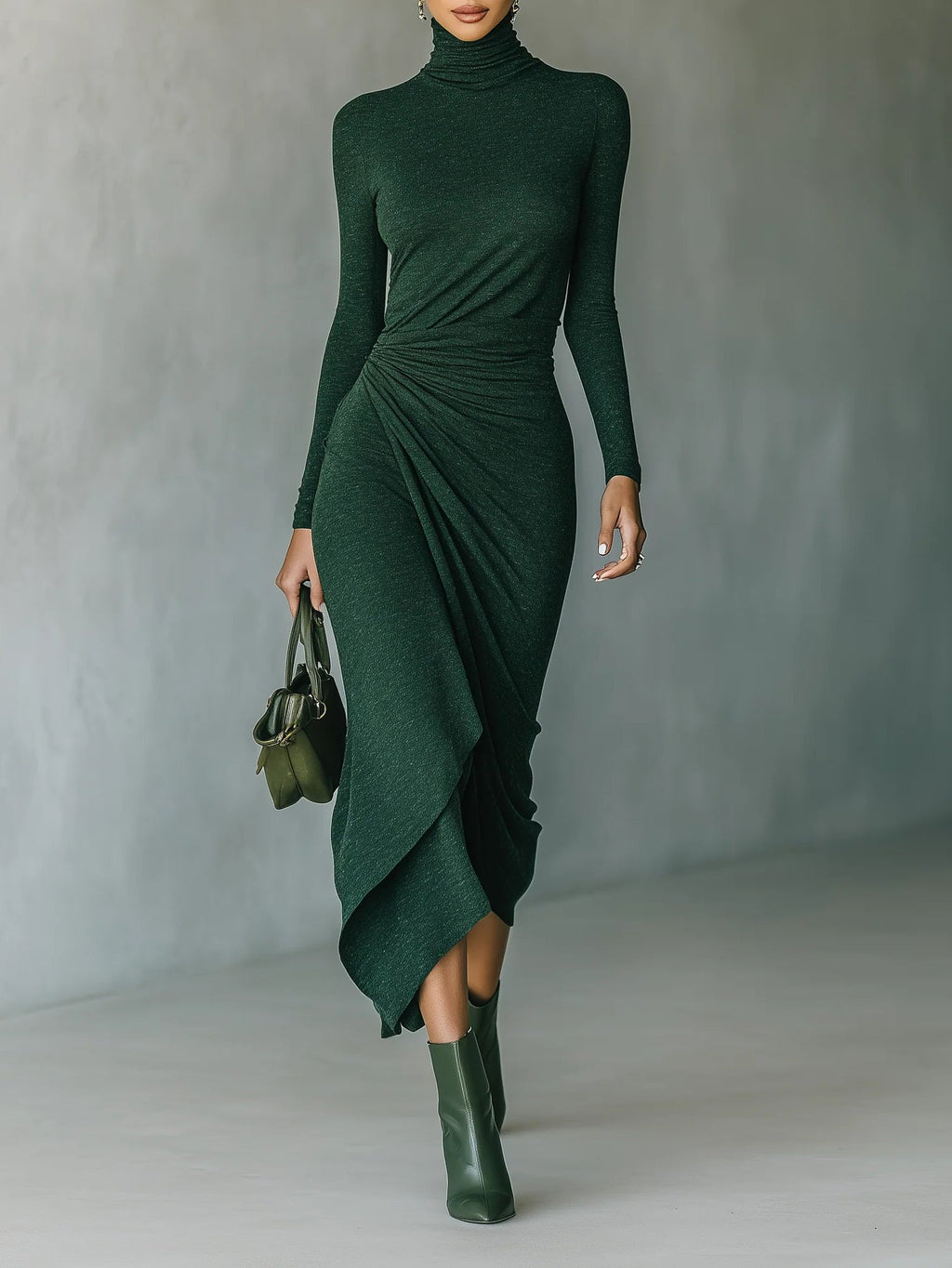 Lenora - Vestido midi envolvente asimétrico con pliegues y cuello alto verde oscuro