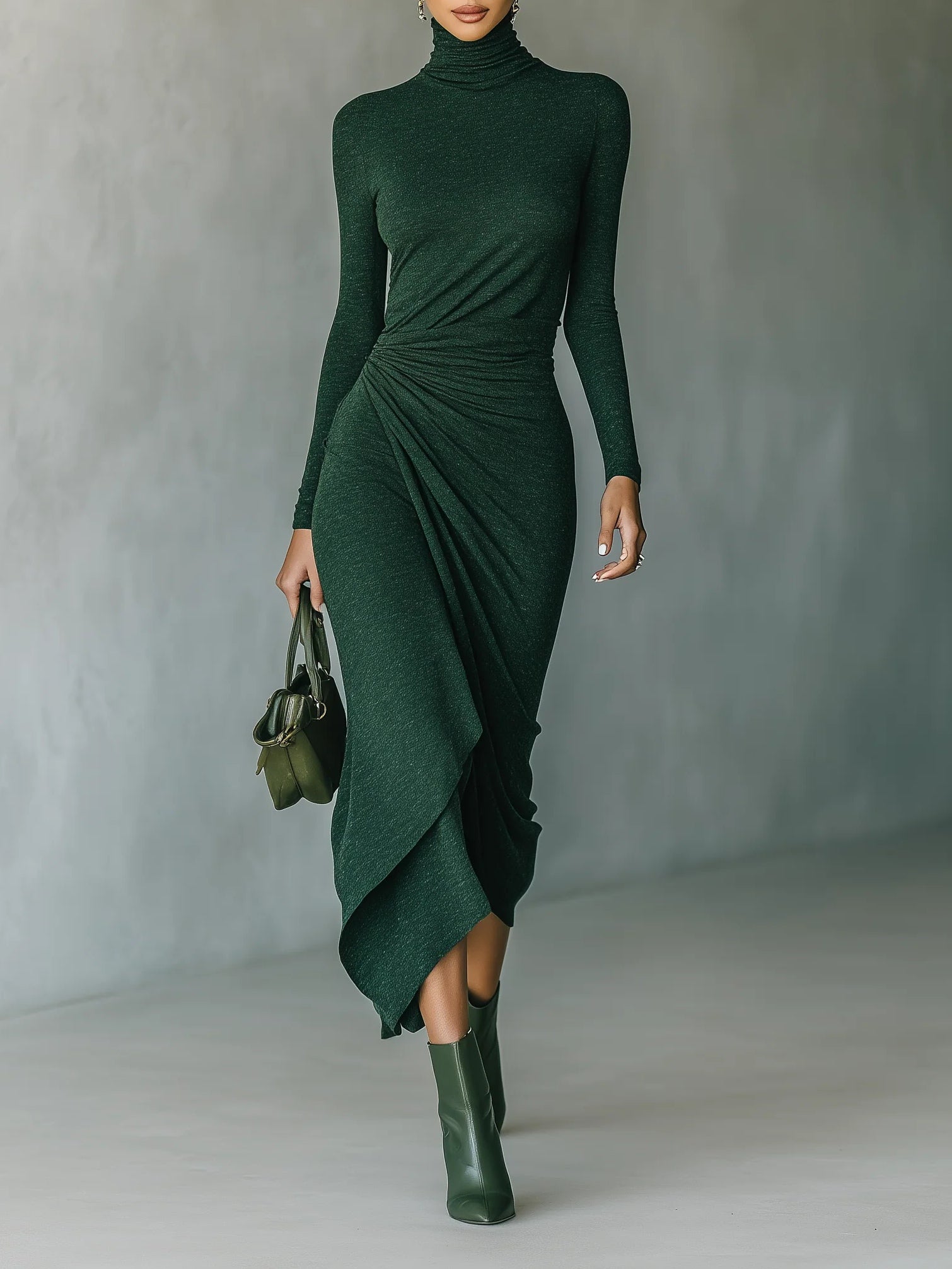 Lenora - Vestido midi envolvente asimétrico con pliegues y cuello alto verde oscuro