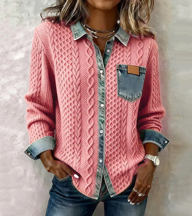 AMBRA - Top de punto patchwork con detalles en denim