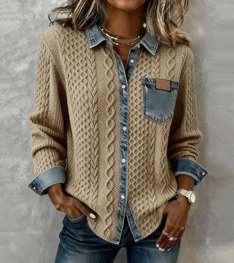 AMBRA - Top de punto patchwork con detalles denim
