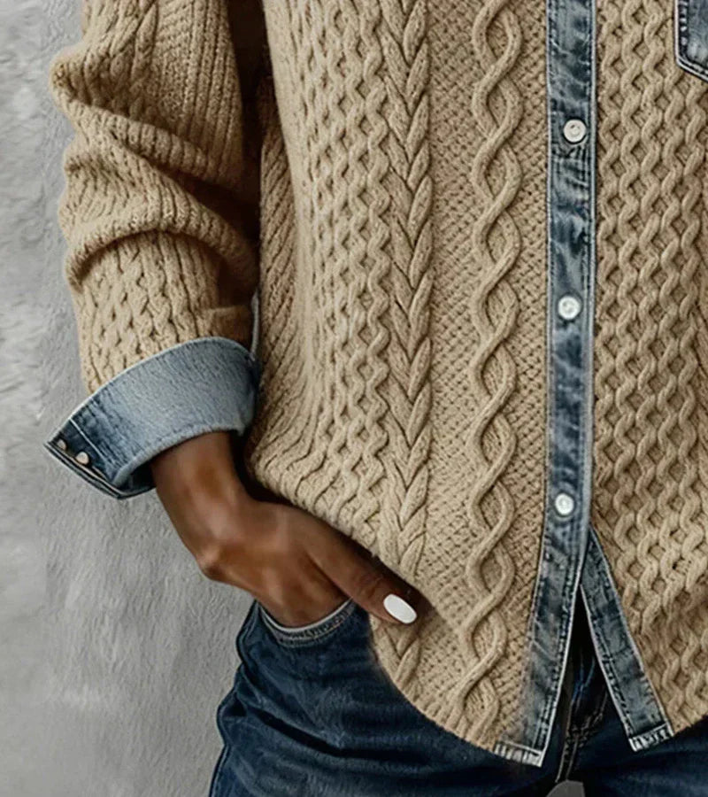 AMBRA - Top de punto patchwork con detalles denim