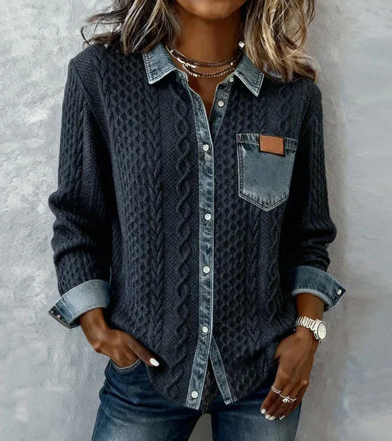 AMBRA - Top de punto patchwork con detalles denim
