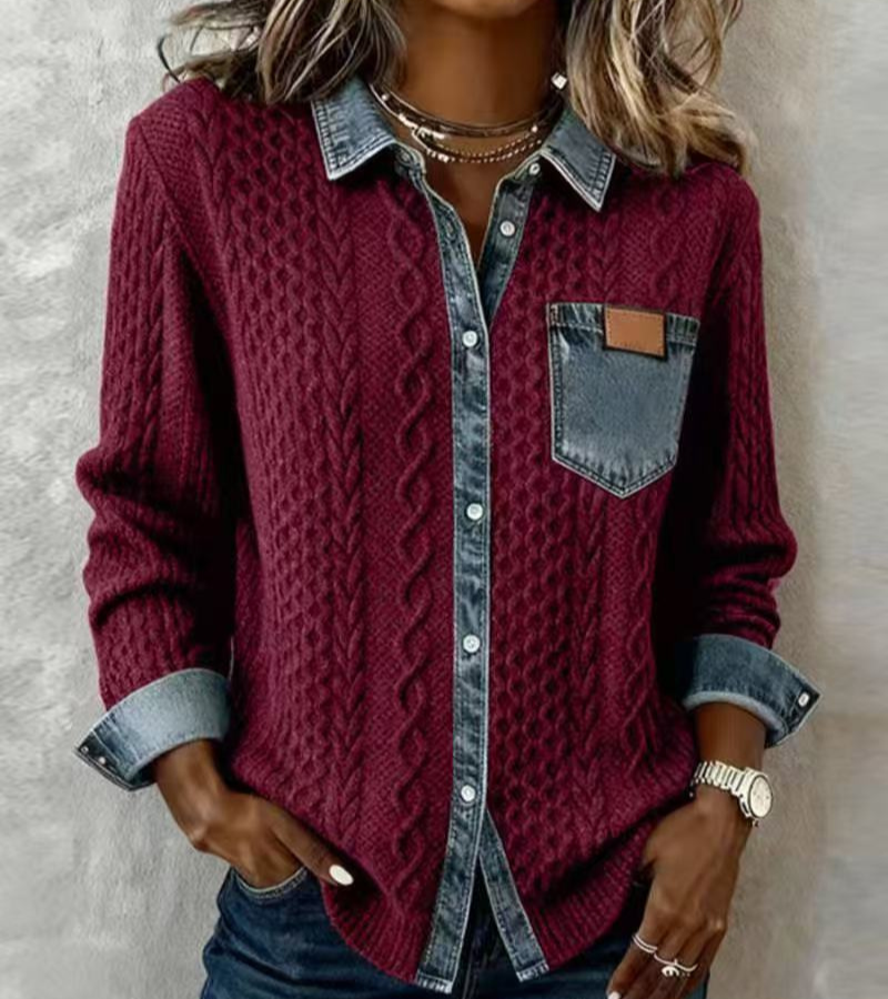 AMBRA - Top de punto patchwork con detalles denim