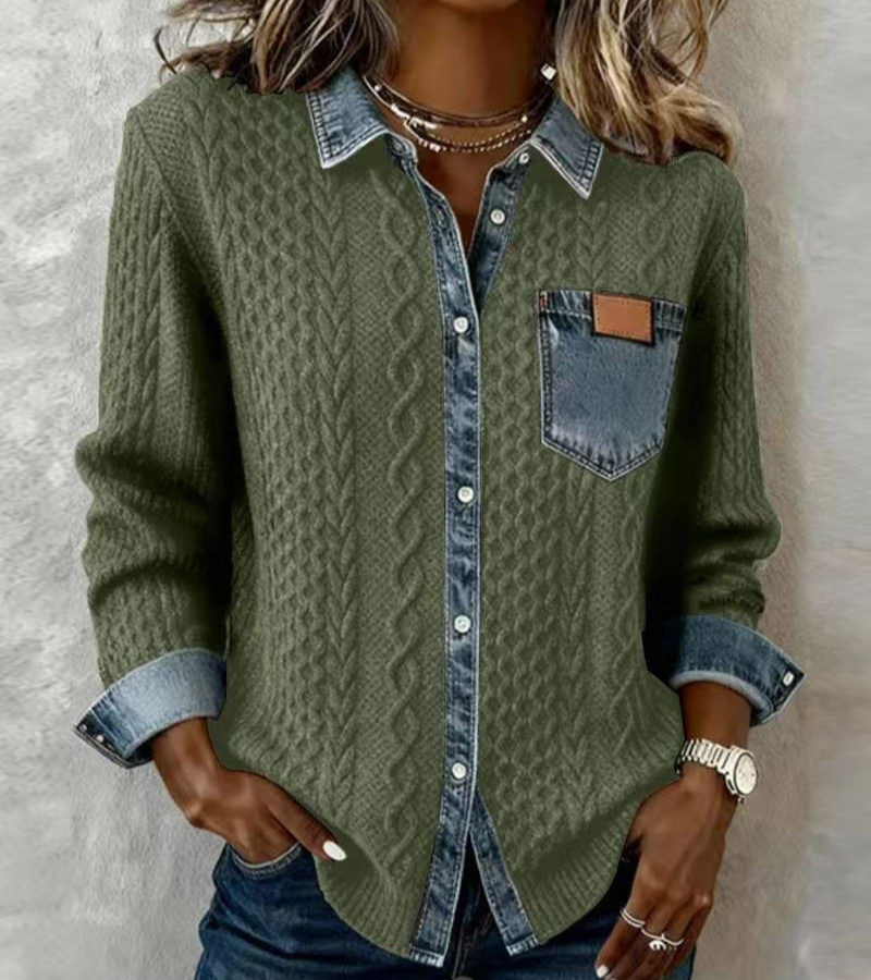 AMBRA - Top de punto patchwork con detalles denim