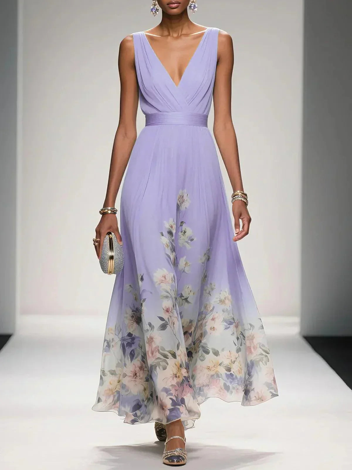 Rosa | Vestido maxi de chifón azul claro con escote en corazón