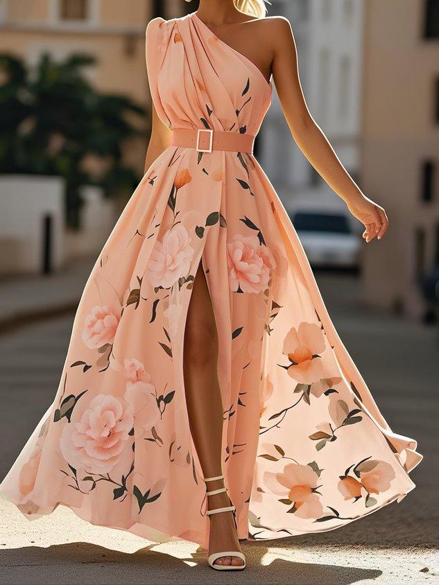 Anna | Vestido maxi verde claro floral de un solo hombro