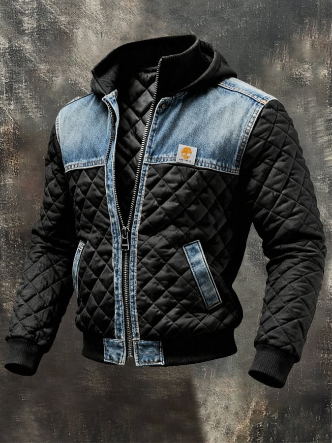 ŁUKASZ™ | Chaqueta Negra Con Detalles de Denim Piquée