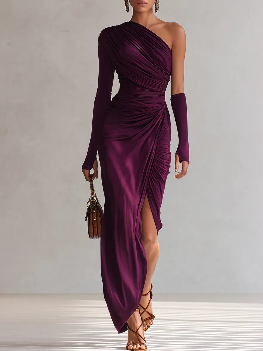 Rosalia - Elegante vestido maxi morado sexy de un solo hombro